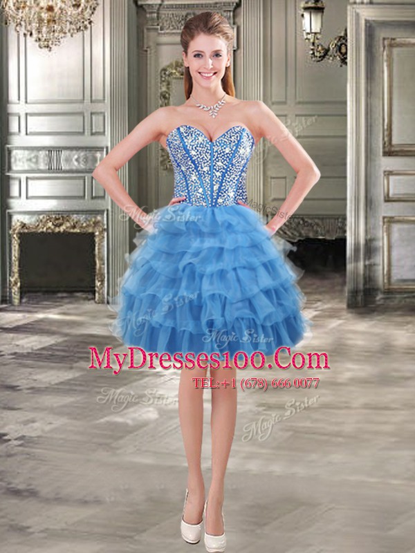 Admirable Blue Sweetheart Neckline Beading and Ruffled Layers Cocktail Dress Sleeveless Lace Up