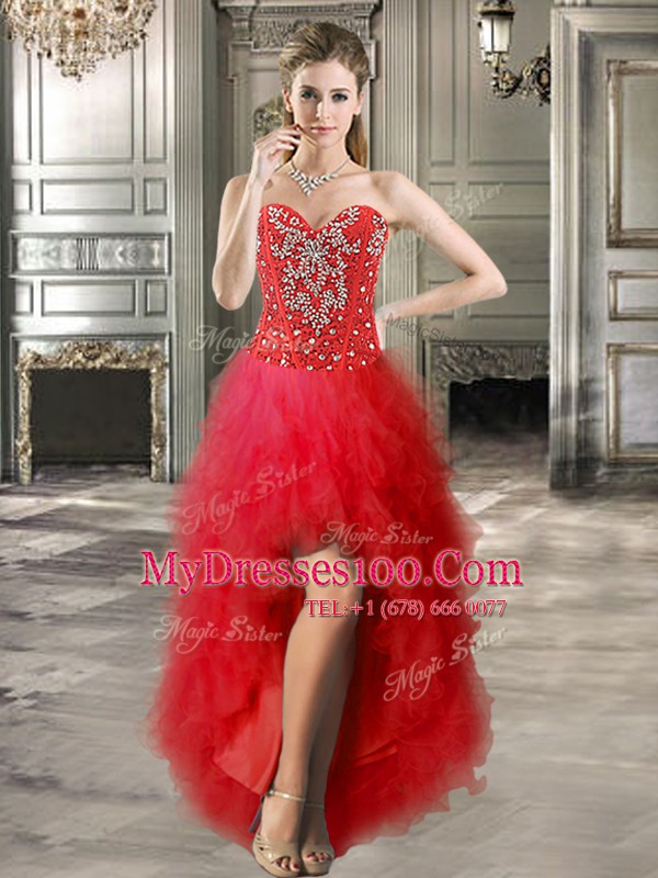 Red A-line Tulle Sweetheart Sleeveless Beading and Ruffles High Low Lace Up Military Ball Gown