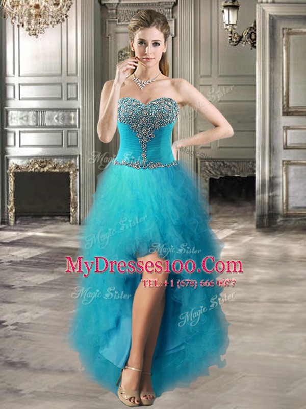 Hot Selling High Low Teal Military Ball Dresses For Women Tulle Sleeveless Beading and Ruffles