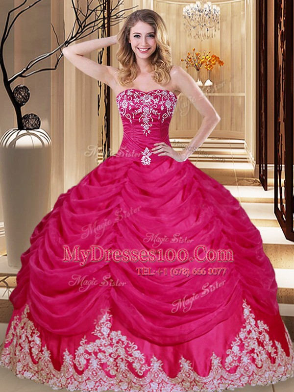 Smart Hot Pink Ball Gowns Appliques and Embroidery and Pick Ups Quinceanera Gowns Lace Up Tulle Sleeveless Floor Length
