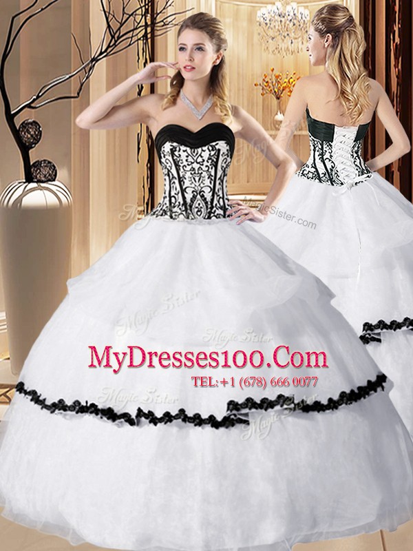 Best Selling Ruffled Sweetheart Sleeveless Lace Up Sweet 16 Dresses White Organza