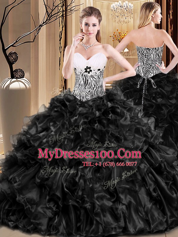 Charming Sleeveless Organza Floor Length Lace Up Vestidos de Quinceanera in Black with Ruffles