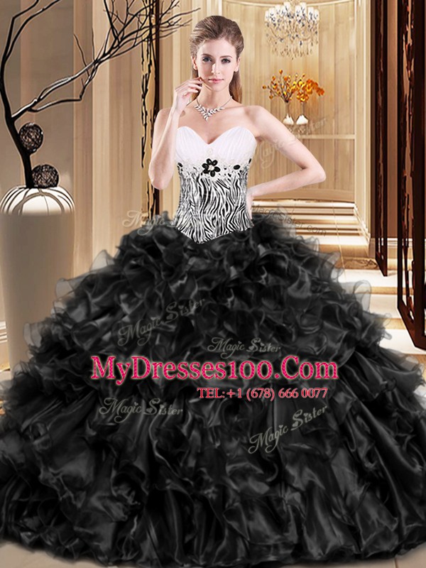 Charming Sleeveless Organza Floor Length Lace Up Vestidos de Quinceanera in Black with Ruffles