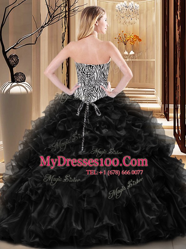 Charming Sleeveless Organza Floor Length Lace Up Vestidos de Quinceanera in Black with Ruffles
