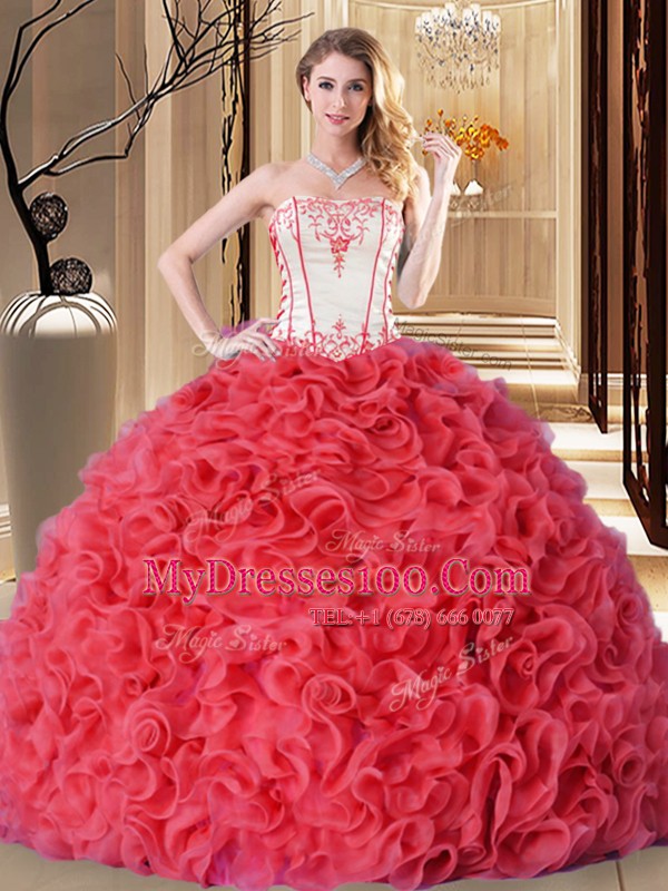 Custom Designed Coral Red Ball Gowns Embroidery and Ruffles Sweet 16 Dress Lace Up Fabric With Rolling Flowers Sleeveless Floor Length