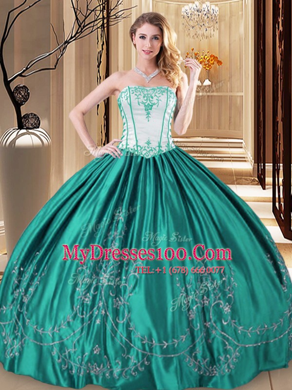 Adorable Floor Length Turquoise Sweet 16 Quinceanera Dress Taffeta Sleeveless Embroidery
