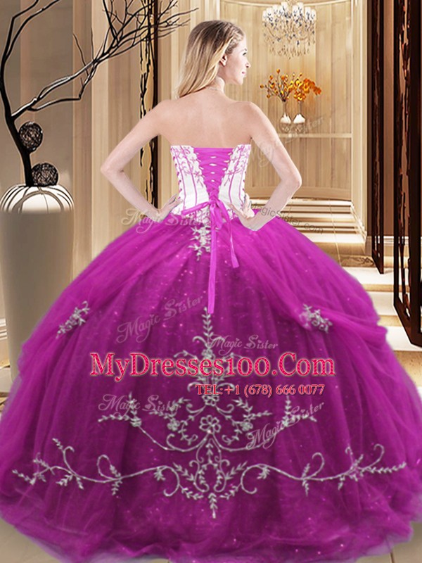 Popular Red Tulle Lace Up Strapless Sleeveless Floor Length Sweet 16 Quinceanera Dress Embroidery