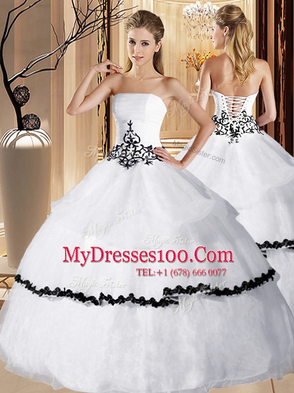 Deluxe Strapless Sleeveless Organza Quinceanera Gowns Appliques and Ruffled Layers Lace Up
