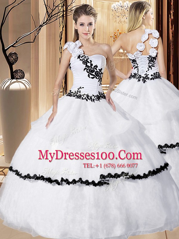 Top Selling White One Shoulder Lace Up Appliques and Hand Made Flower Ball Gown Prom Dress Sleeveless