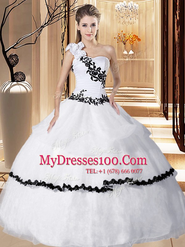 Top Selling White One Shoulder Lace Up Appliques and Hand Made Flower Ball Gown Prom Dress Sleeveless