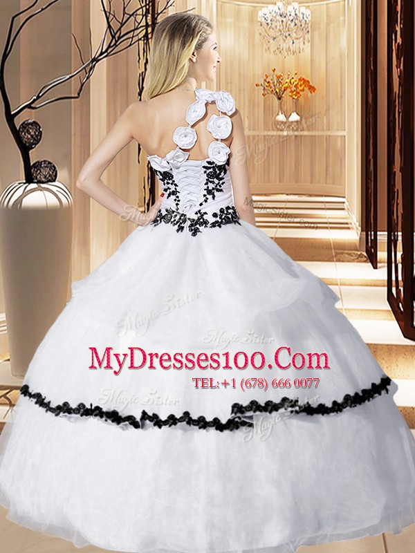 Top Selling White One Shoulder Lace Up Appliques and Hand Made Flower Ball Gown Prom Dress Sleeveless