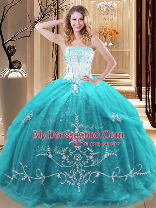 Aqua Blue Strapless Lace Up Embroidery Quinceanera Dress Sleeveless