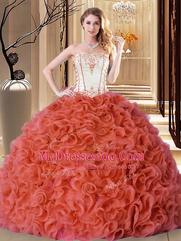 Fashion Rust Red Ball Gowns Fabric With Rolling Flowers Strapless Sleeveless Embroidery and Ruffles Floor Length Lace Up Quinceanera Dress