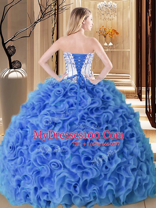 Fashion Rust Red Ball Gowns Fabric With Rolling Flowers Strapless Sleeveless Embroidery and Ruffles Floor Length Lace Up Quinceanera Dress