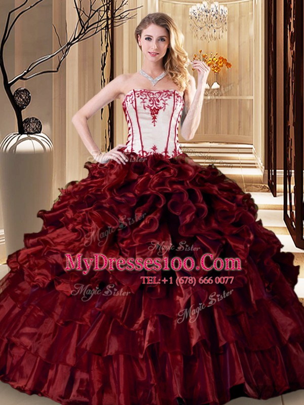 Glittering Wine Red Sleeveless Organza Lace Up Quinceanera Dress for Military Ball and Sweet 16 and Quinceanera