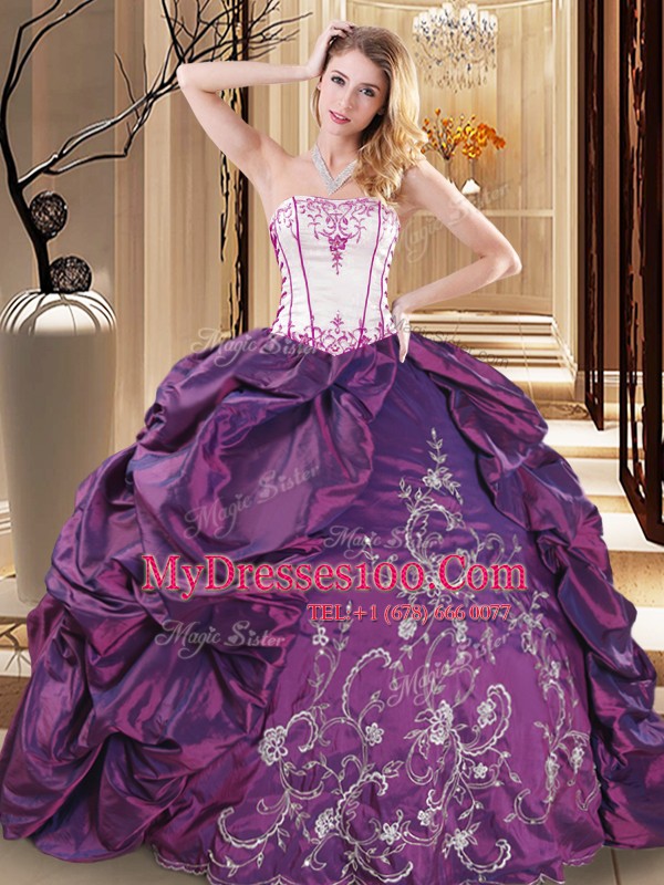 Gorgeous Purple Lace Up Strapless Embroidery Quince Ball Gowns Taffeta Sleeveless
