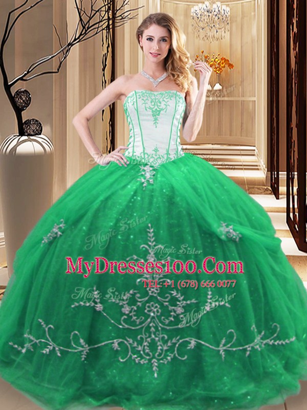 Green Strapless Lace Up Embroidery Quince Ball Gowns Sleeveless