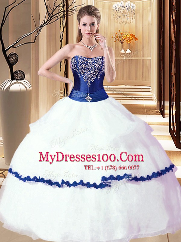 Popular Ruffled Floor Length Ball Gowns Sleeveless White and Royal Blue Quinceanera Dresses Lace Up