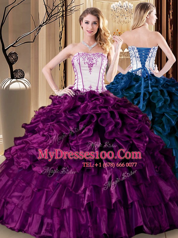 Strapless Sleeveless Sweet 16 Dress Floor Length Pick Ups Purple Organza