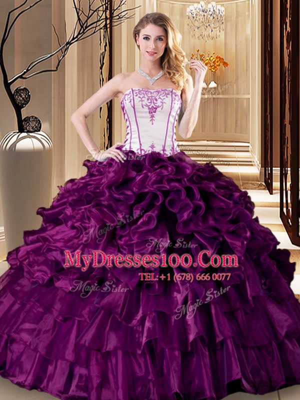 Strapless Sleeveless Sweet 16 Dress Floor Length Pick Ups Purple Organza