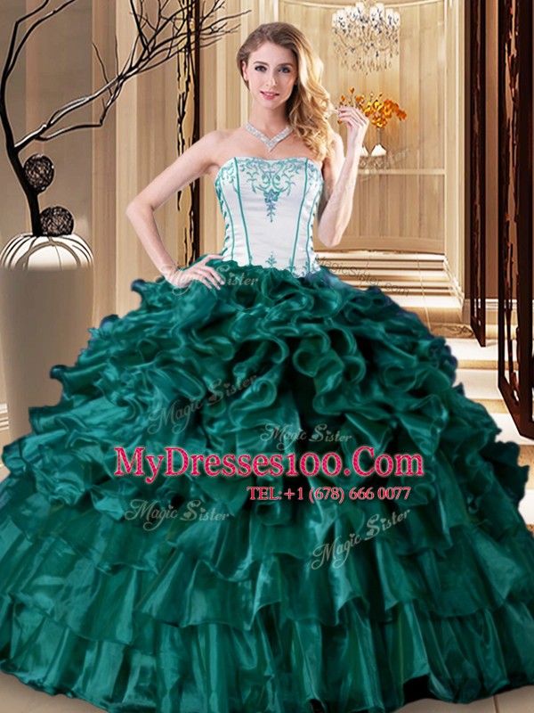 Turquoise Strapless Neckline Ruffles and Ruffled Layers Ball Gown Prom Dress Sleeveless Lace Up