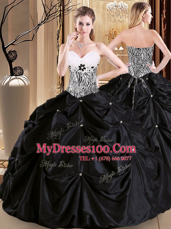 Pick Ups Black Sleeveless Satin and Taffeta Lace Up Vestidos de Quinceanera for Military Ball and Sweet 16 and Quinceanera
