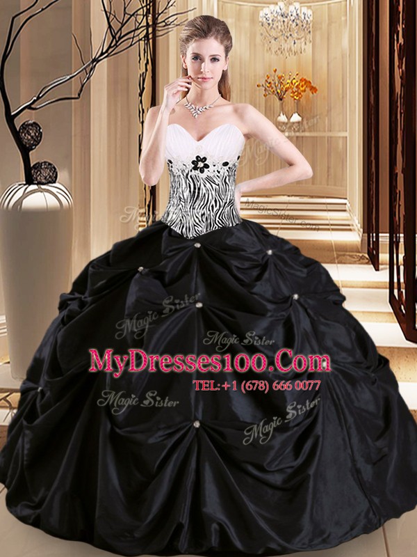 Pick Ups Black Sleeveless Satin and Taffeta Lace Up Vestidos de Quinceanera for Military Ball and Sweet 16 and Quinceanera