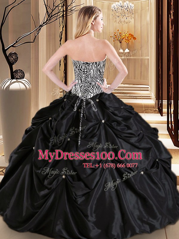 Pick Ups Black Sleeveless Satin and Taffeta Lace Up Vestidos de Quinceanera for Military Ball and Sweet 16 and Quinceanera
