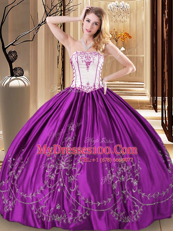 Fantastic Purple Strapless Lace Up Embroidery Ball Gown Prom Dress Sleeveless
