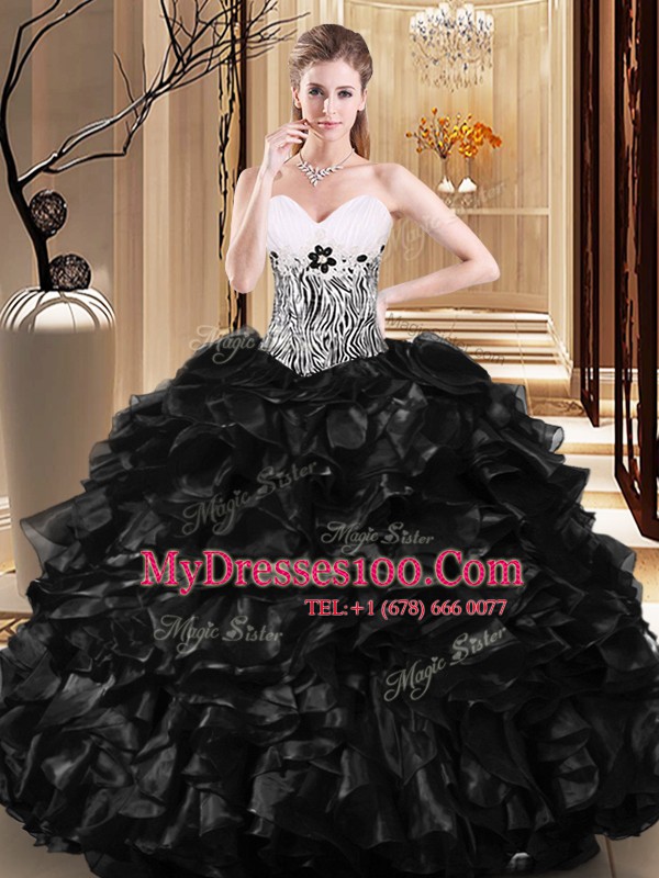 Vintage Black Tulle Lace Up Sweetheart Sleeveless Floor Length Sweet 16 Quinceanera Dress Ruffles and Pattern