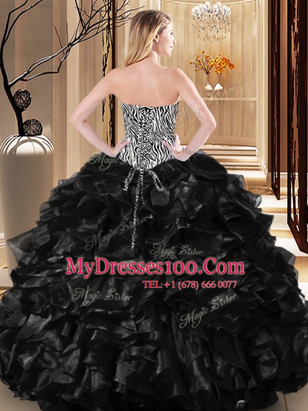 Vintage Black Tulle Lace Up Sweetheart Sleeveless Floor Length Sweet 16 Quinceanera Dress Ruffles and Pattern