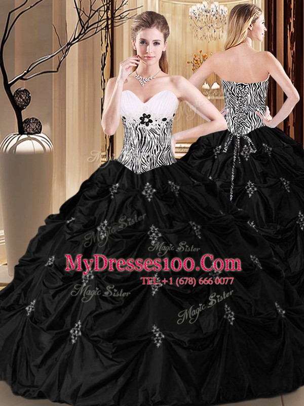 Cute Black Ball Gowns Taffeta Sweetheart Sleeveless Appliques and Pick Ups and Pattern Floor Length Lace Up 15 Quinceanera Dress