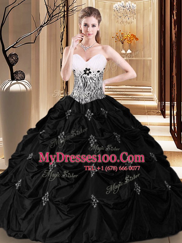 Cute Black Ball Gowns Taffeta Sweetheart Sleeveless Appliques and Pick Ups and Pattern Floor Length Lace Up 15 Quinceanera Dress