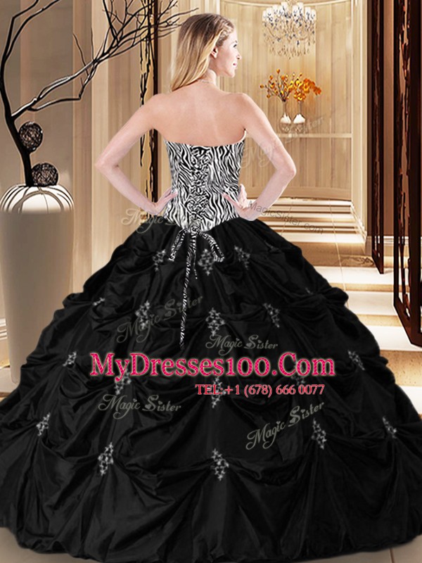 Cute Black Ball Gowns Taffeta Sweetheart Sleeveless Appliques and Pick Ups and Pattern Floor Length Lace Up 15 Quinceanera Dress