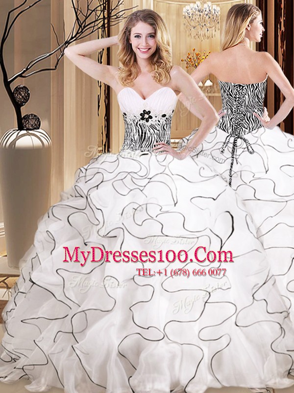 Fancy Ball Gowns Sweet 16 Quinceanera Dress White Sweetheart Organza Sleeveless Floor Length Lace Up