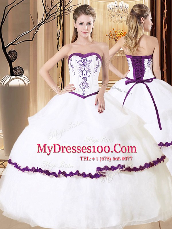 Decent White Lace Up Sweet 16 Dresses Embroidery Sleeveless Floor Length