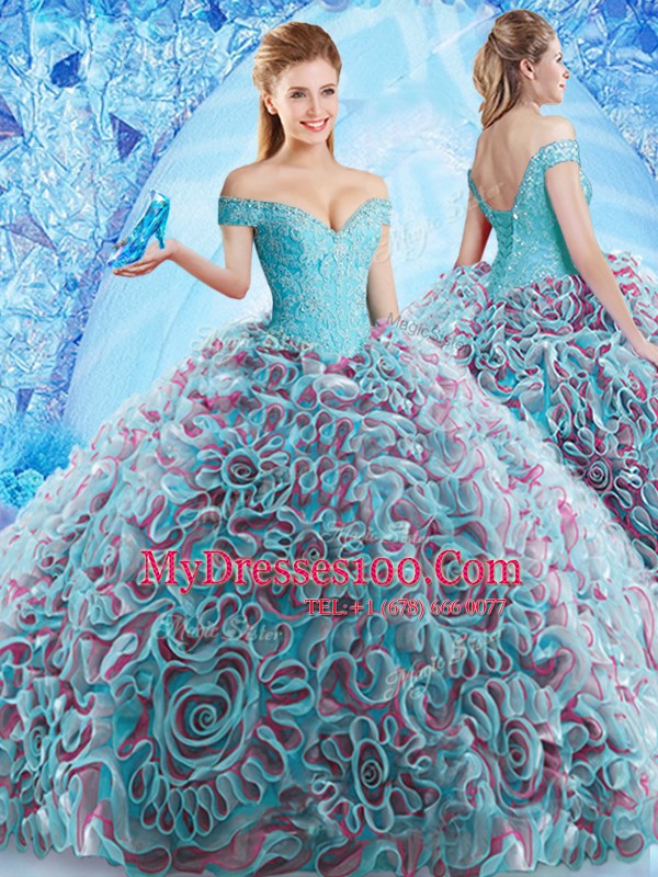 Cheap Multi-color Fabric With Rolling Flowers Backless Off The Shoulder Sleeveless 15th Birthday Dress Court Train Beading and Appliques and Ruffles