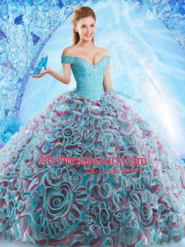 Cheap Multi-color Fabric With Rolling Flowers Backless Off The Shoulder Sleeveless 15th Birthday Dress Court Train Beading and Appliques and Ruffles