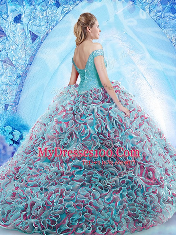 Cheap Multi-color Fabric With Rolling Flowers Backless Off The Shoulder Sleeveless 15th Birthday Dress Court Train Beading and Appliques and Ruffles