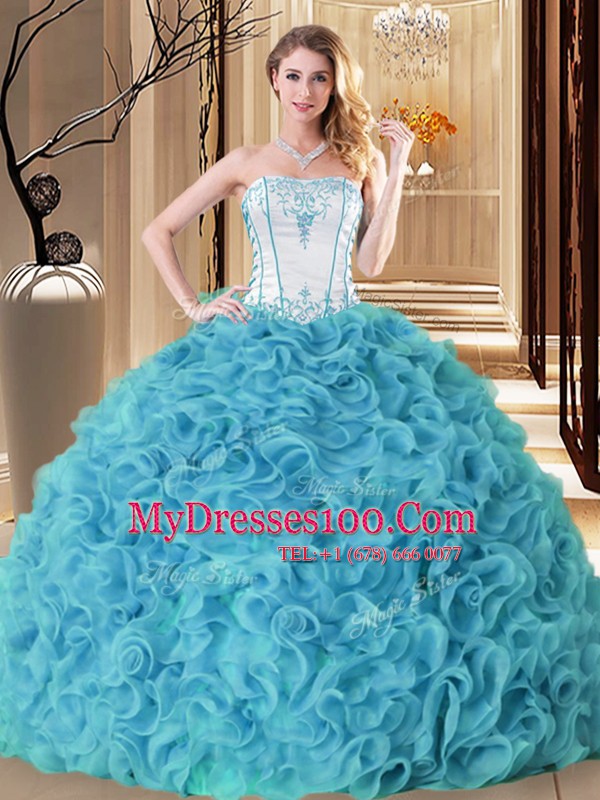 Aqua Blue Ball Gowns Embroidery and Ruffles Quinceanera Gowns Lace Up Fabric With Rolling Flowers Sleeveless Floor Length