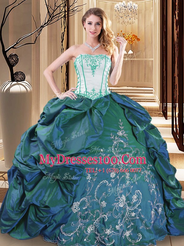 Turquoise Taffeta Lace Up Sweet 16 Dress Sleeveless Floor Length Embroidery and Pick Ups
