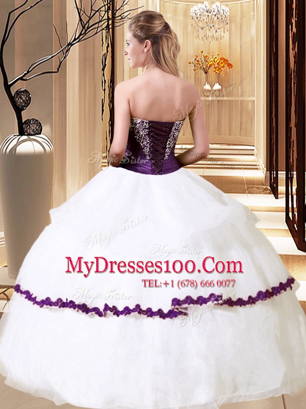 Best White Ball Gowns Strapless Sleeveless Organza Floor Length Lace Up Beading 15 Quinceanera Dress