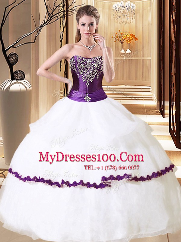 Best White Ball Gowns Strapless Sleeveless Organza Floor Length Lace Up Beading 15 Quinceanera Dress