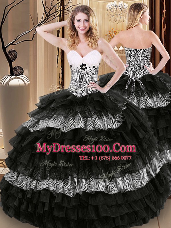 Sumptuous Printed Black Lace Up Sweet 16 Dresses Ruffled Layers and Pattern Sleeveless Floor Length