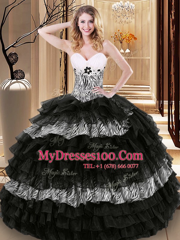 Sumptuous Printed Black Lace Up Sweet 16 Dresses Ruffled Layers and Pattern Sleeveless Floor Length