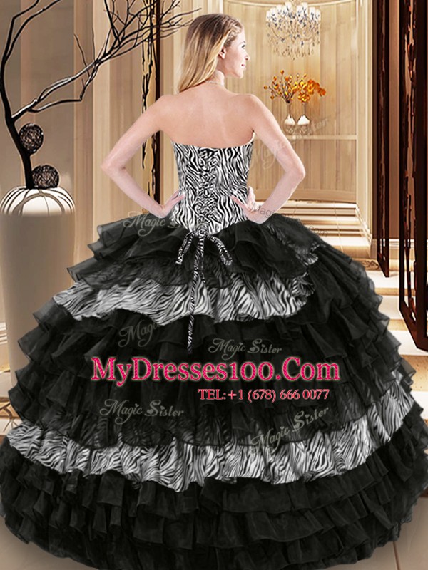 Sumptuous Printed Black Lace Up Sweet 16 Dresses Ruffled Layers and Pattern Sleeveless Floor Length