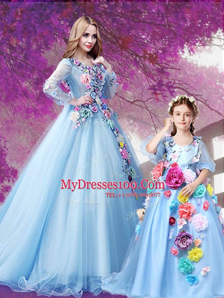 Delicate Baby Blue A-line Beading and Hand Made Flower 15 Quinceanera Dress Lace Up Organza Long Sleeves With Train