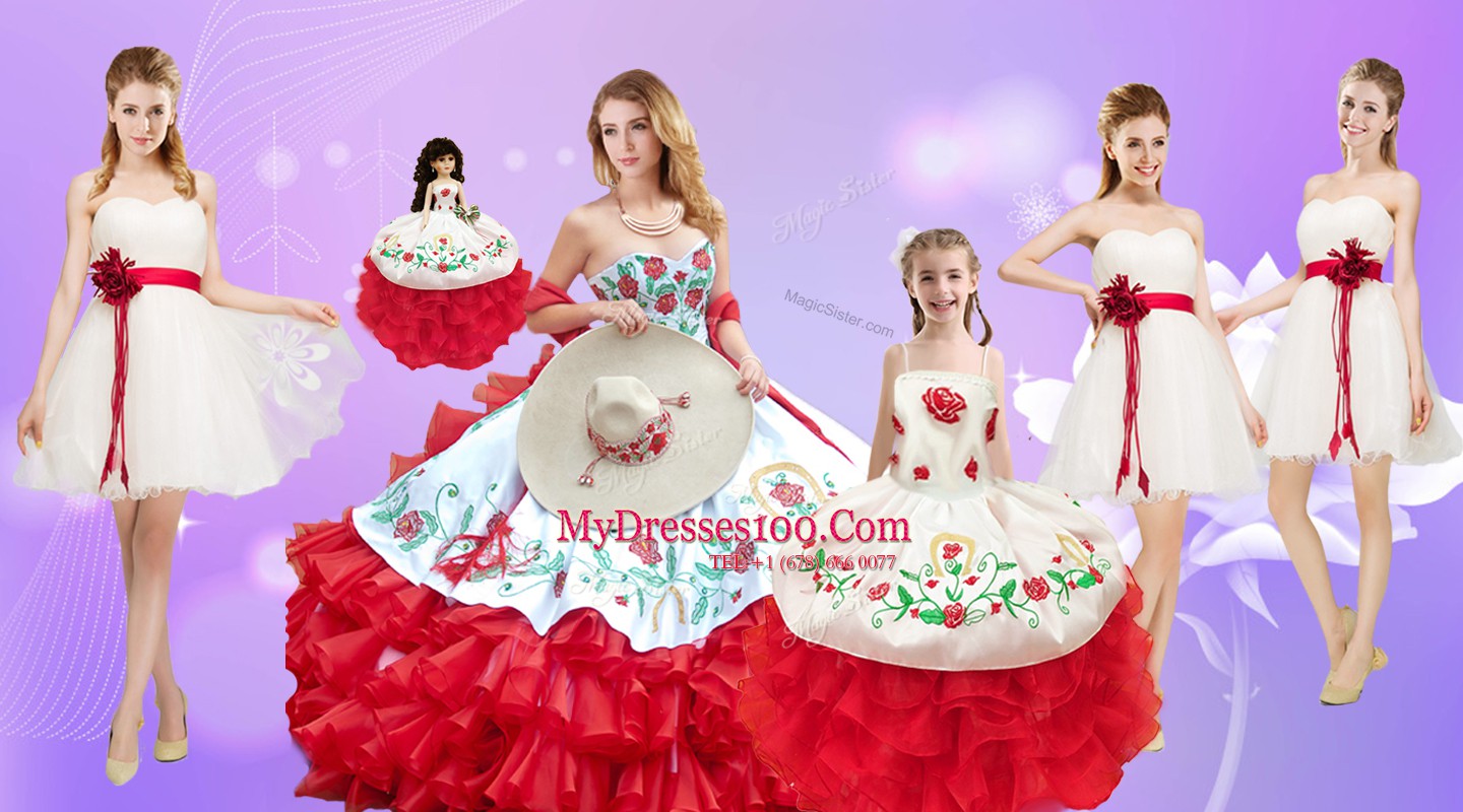 Glorious Beading and Ruffles 15th Birthday Dress White And Red Lace Up Sleeveless Floor Length