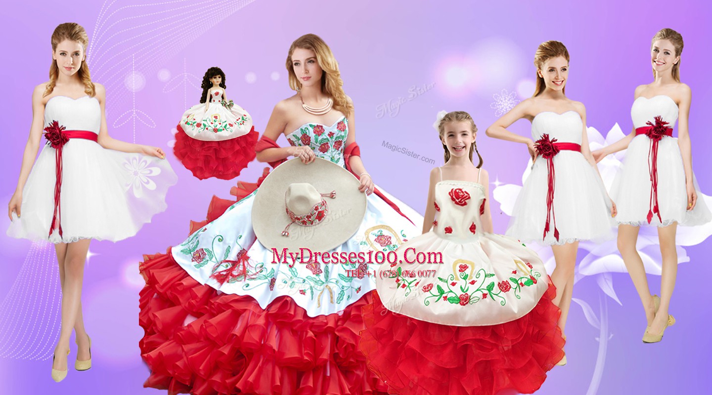 White And Red Sweetheart Neckline Embroidery and Ruffles Quinceanera Dresses Sleeveless Lace Up