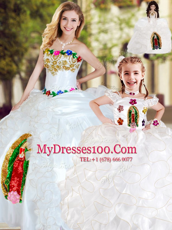 Customized Sleeveless Organza Floor Length Lace Up Quinceanera Gowns in White with Beading and Ruffles
